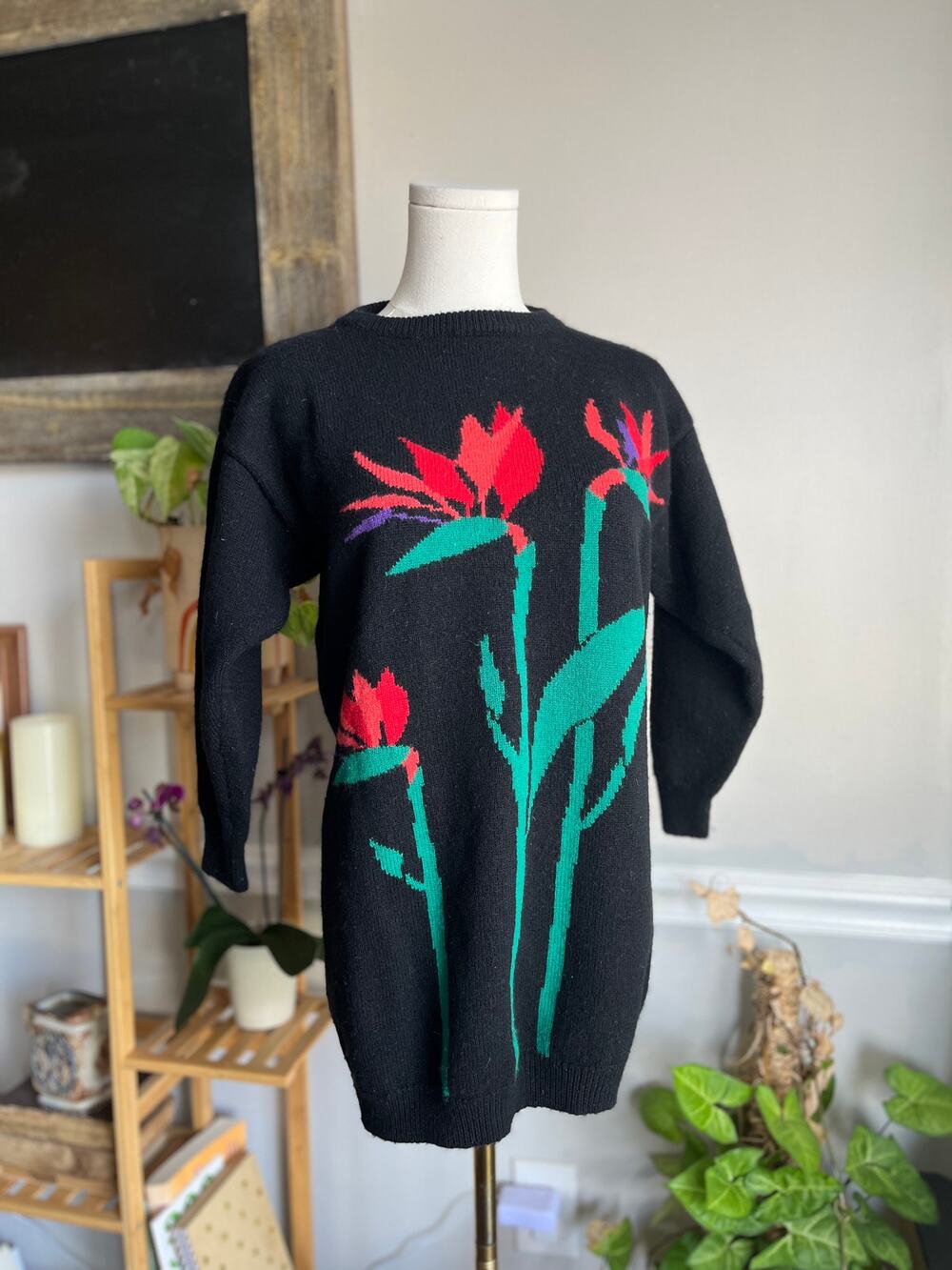 Vintage 80s Wool Sweater Dress Knit Black Red Green Plants Size Small